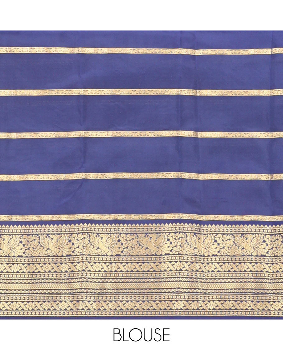 Blue thick zari striped Vasundhara silk mix saree, contrast border of rekku,mayil,neli,kathir & cross kamalam & intricate pallu