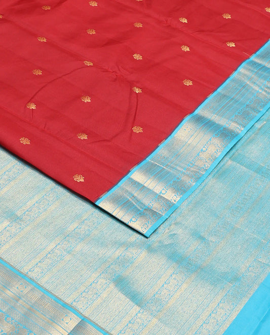 Red zari buttas vasundhara silk mix saree, contrast border & pallu of muthu,kathir, chakram,mayil kann,paiyadi kann & pichwai cow