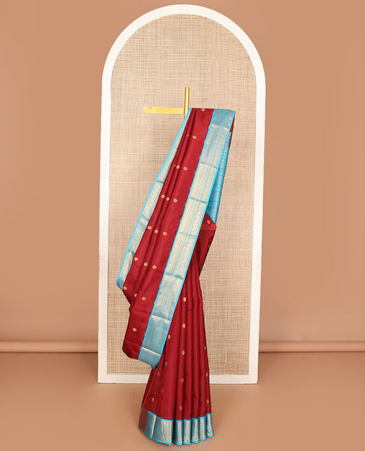 Red zari buttas vasundhara silk mix saree, contrast border & pallu of muthu,kathir, chakram,mayil kann,paiyadi kann & pichwai cow