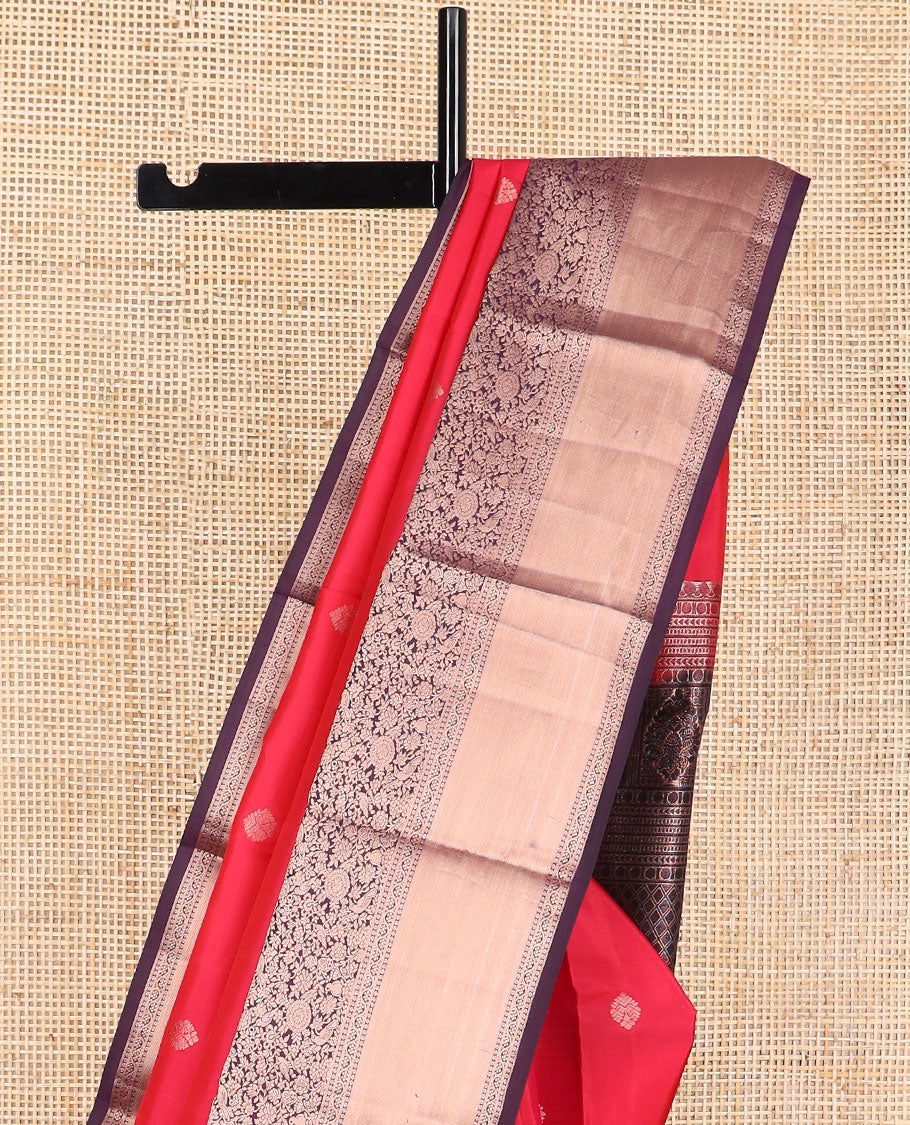 Red floral buttas silk saree with contrast intricate zari design border & checked, floral design pallu