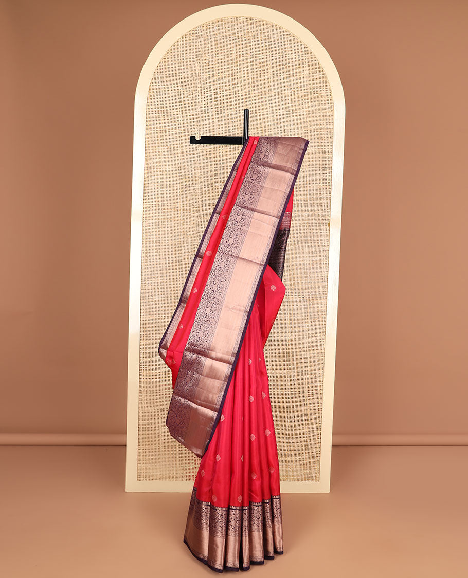 Red floral buttas silk saree with contrast intricate zari design border & checked, floral design pallu