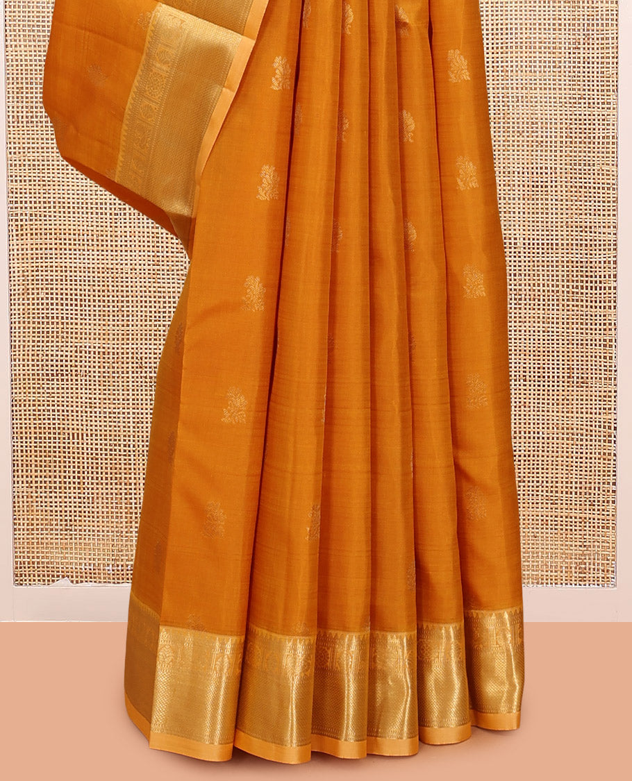 Yellow Vasundhara Silk Saree, Woven with Zari Buttas, a Contrast Border of Rekku, Muthu, Mayil, and Kuyil Kann Designs, Grand Jaal Pallu, and a Contrast Blouse