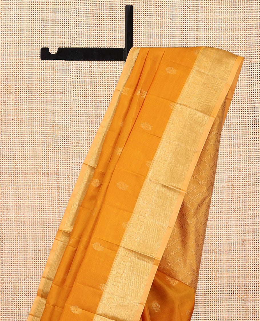 Yellow Vasundhara Silk Saree, Woven with Zari Buttas, a Contrast Border of Rekku, Muthu, Mayil, and Kuyil Kann Designs, Grand Jaal Pallu, and a Contrast Blouse