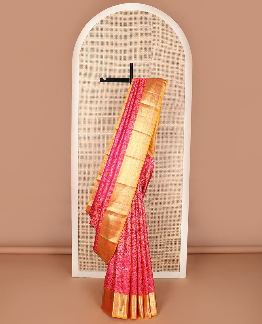 Pink jacquard wedding silk saree, contrast intricate pallu & border of salngai,neli,mayil kann & arumbu manga