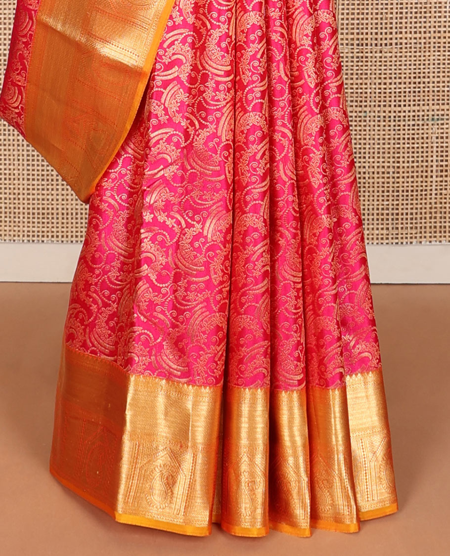 Pink jacquard wedding silk saree, contrast intricate pallu & border of salngai,neli,mayil kann & arumbu manga