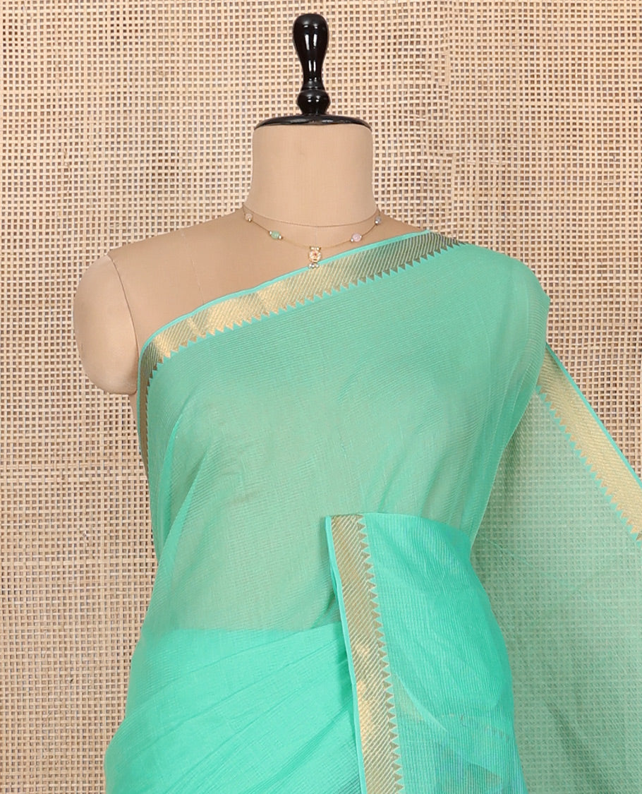 Green Plain Andhra Cotton Saree Featuring Temple Zari Border, Contrast Striped Pallu, and a Contrast Blouse