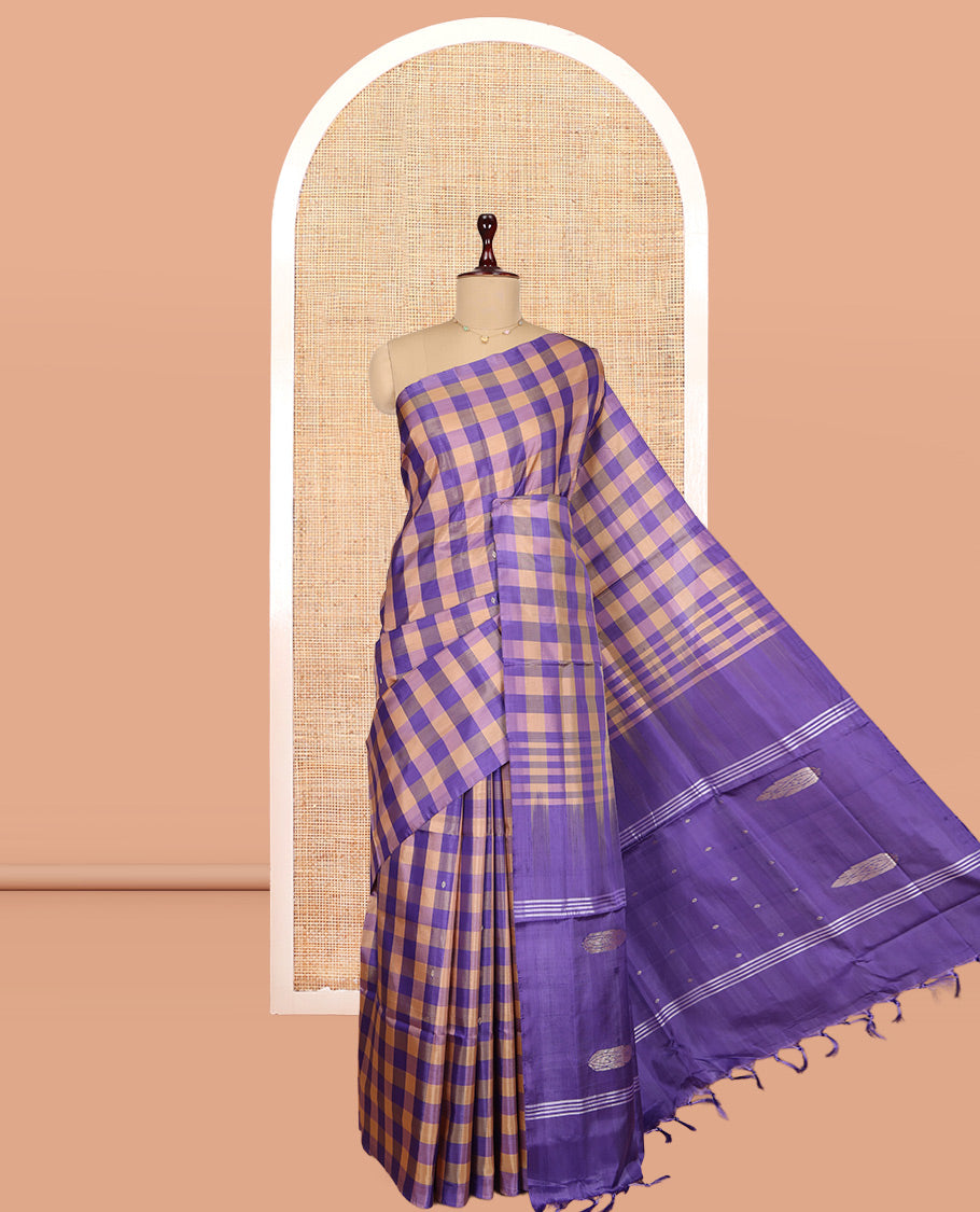 Borderless Multi-Color Checked Banana Pith Saree, Woven with Buttas, a Self-Pallu of Stripes and Buttas, and a Contrast Blouse
