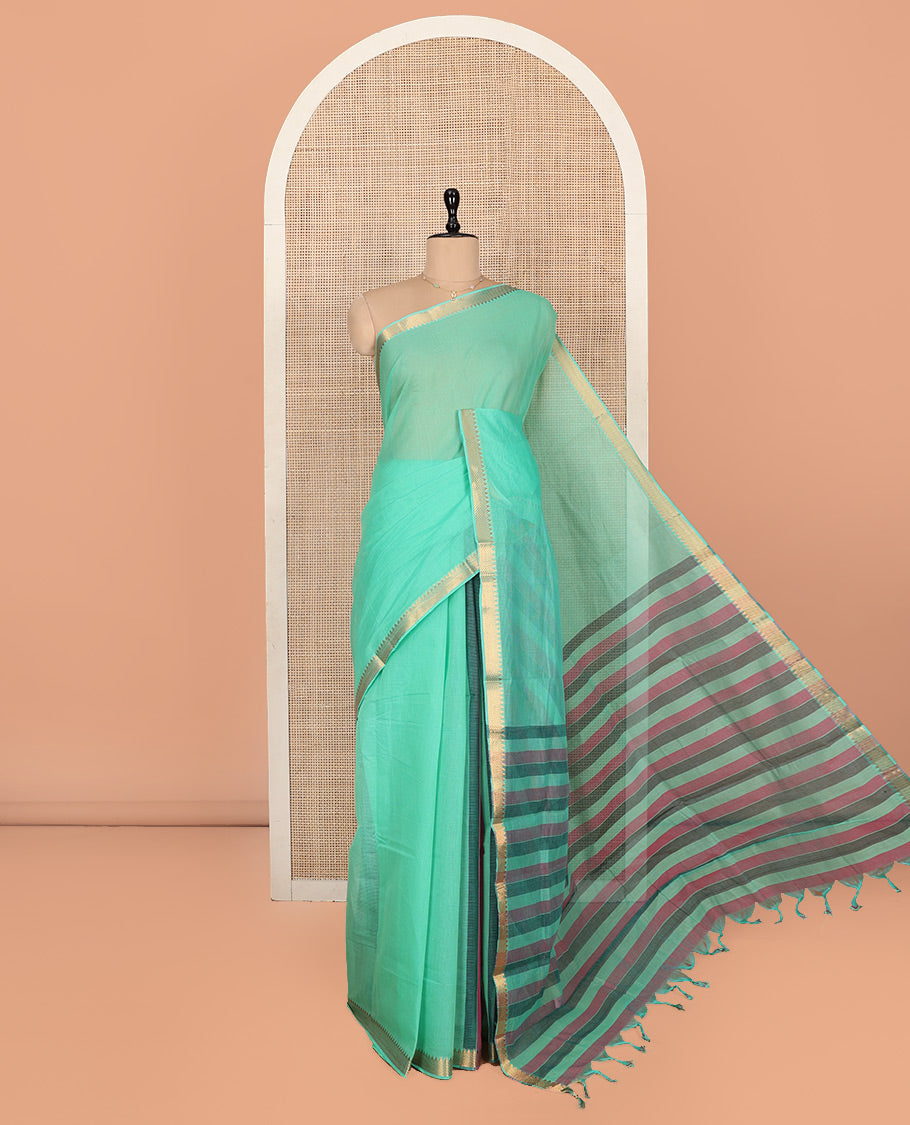 Green Plain Andhra Cotton Saree Featuring Temple Zari Border, Contrast Striped Pallu, and a Contrast Blouse