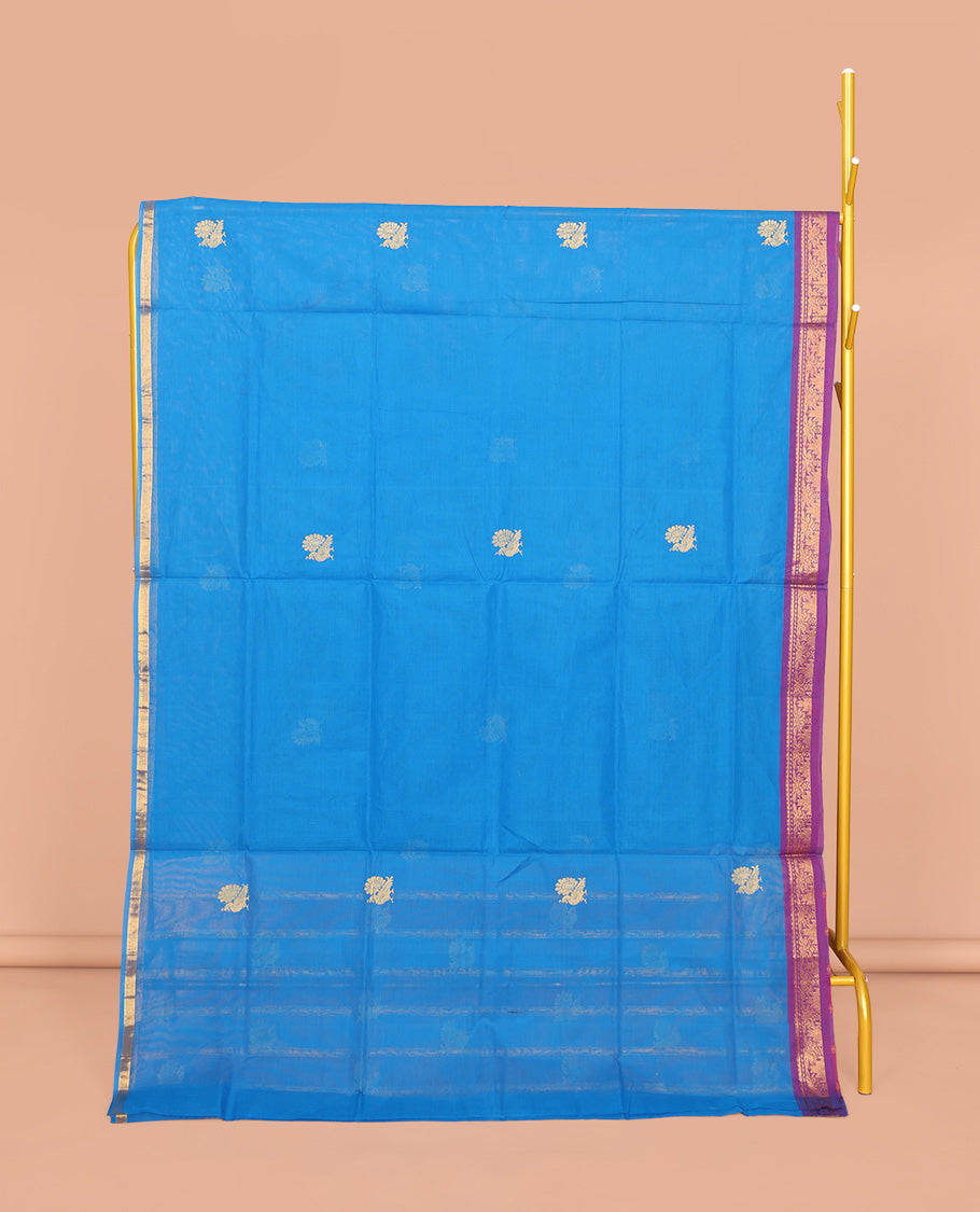 Blue Venkatagiri Cotton Saree, Adorned with Peacock Buttas, a Contrast Traditional Zari Border, Pallu of Stripes and Buttas, and No Blouse