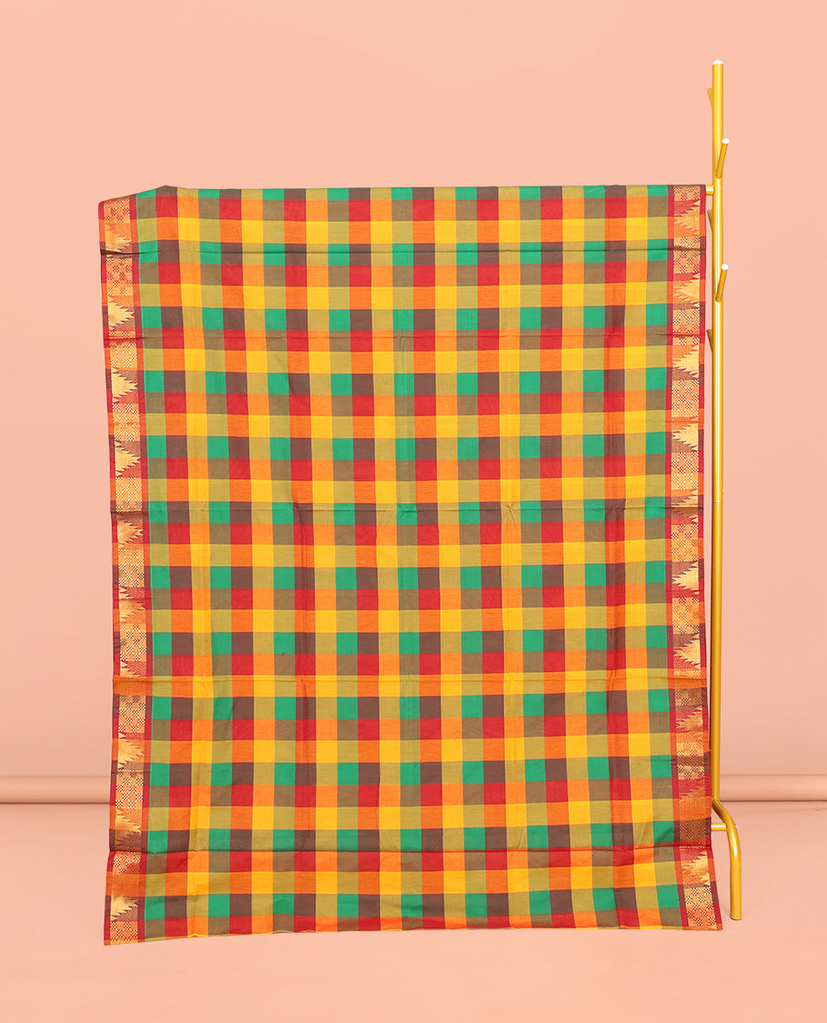 Multi-Color Chettinad Cotton Saree, Delicately Woven with Checks, Highlighted by Temple Border, Striped Pallu, and No Blouse
