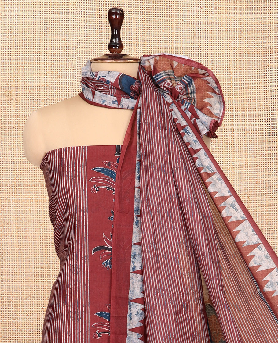 Maroon Cotton Material Churidar Set, Mughal-Style Printed Top, a Plain Bottom, a Mughal-Style Printed Dupatta