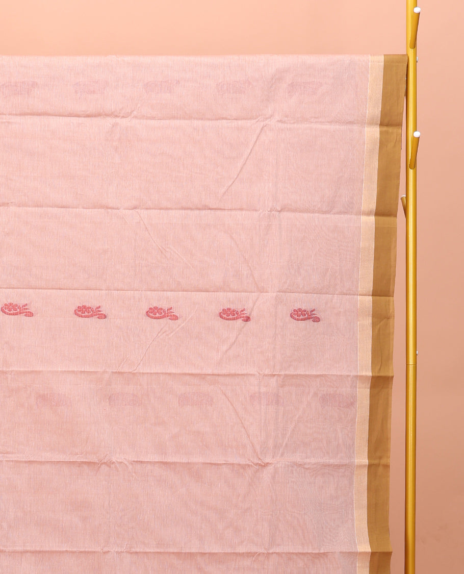 Sandal Kanchi Cotton Saree, Woven with Buttas on Its Body, Complemented by Contrast Border, Pallu of Paisleys, and a Matching Blouse