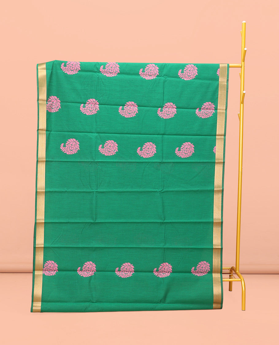 Green Semi-Silk Cotton Saree, Detailed with Paisley Zari Buttas All Over Its Body, Highlighted by a Zari Border, Pallu of Floral and Paisley Design, and Paired with a Matching Blouse