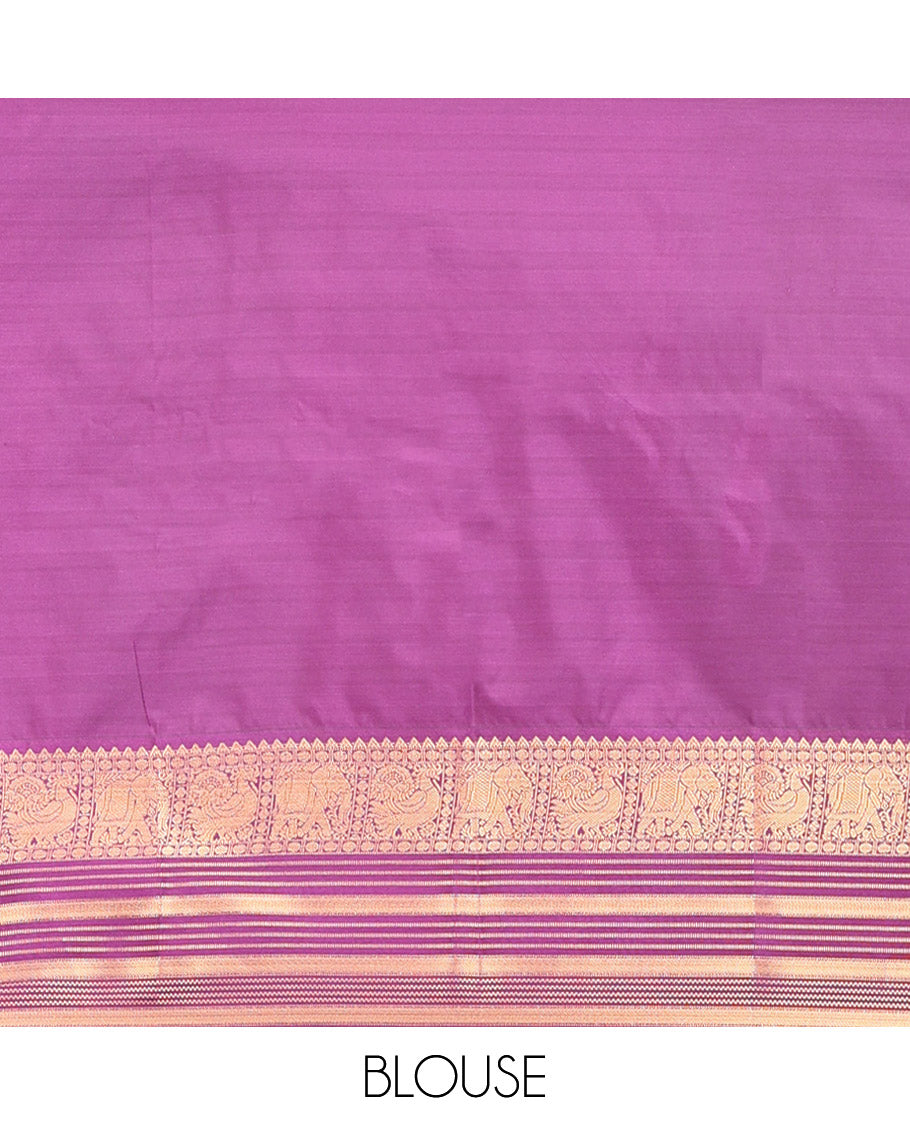 Sapphire Green-Purple Budget Silk Saree, Adorned with Zari Buttas, Complemented by a Contrast Peacock and Elephant Border, Jaal Pallu, and a Contrast Blouse