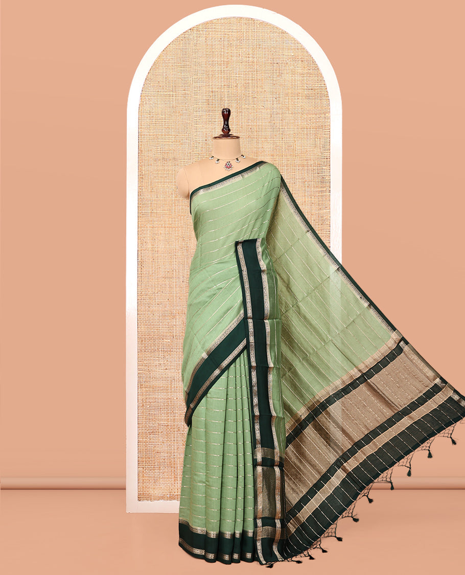 Green Assam Silk Saree, Elegantly Framed with Zari Stripes, Complemented by Contrast Traditional Zari Border, Striped Pallu, and a Contrast Blouse