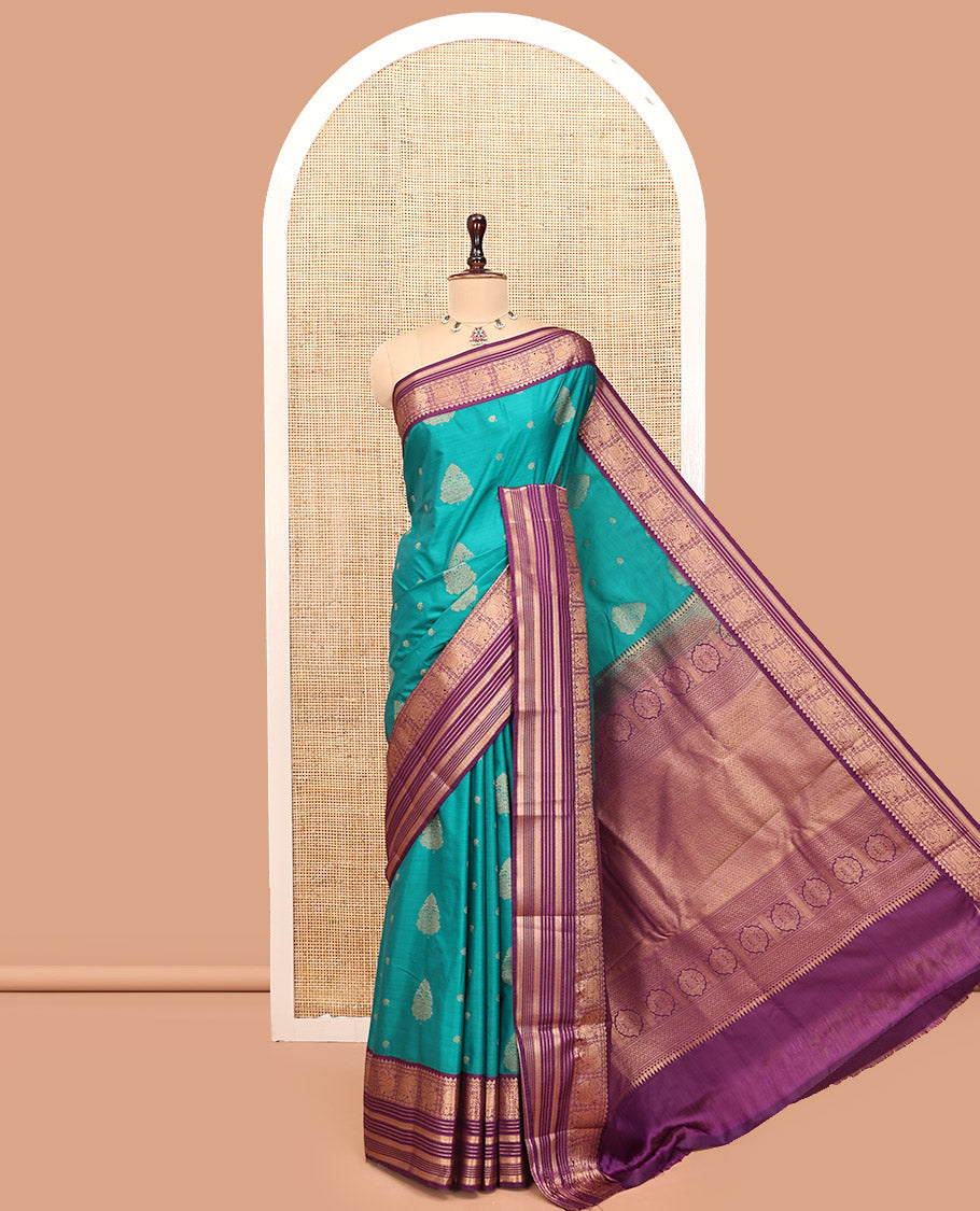Sapphire Green-Purple Budget Silk Saree, Adorned with Zari Buttas, Complemented by a Contrast Peacock and Elephant Border, Jaal Pallu, and a Contrast Blouse