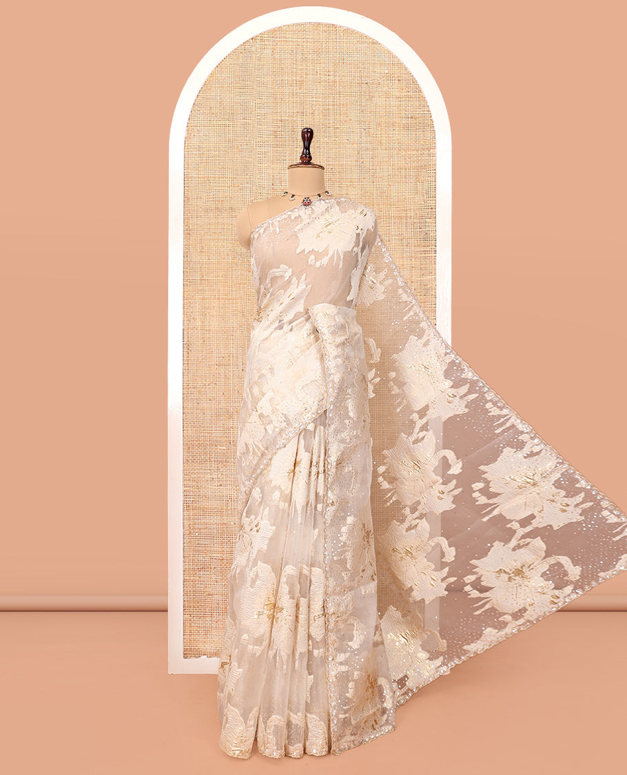 Gold Turkey Organza Saree, Shimmering with Floral Threadwork, a Gleaming Scallop Border, and a Matching Blouse