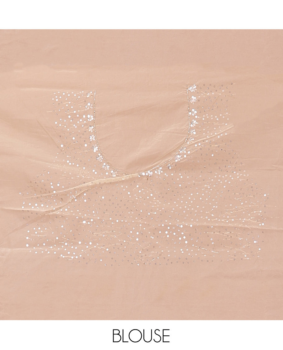 Gold Turkey Organza Saree, Shimmering with Floral Threadwork, a Gleaming Scallop Border, and a Matching Blouse