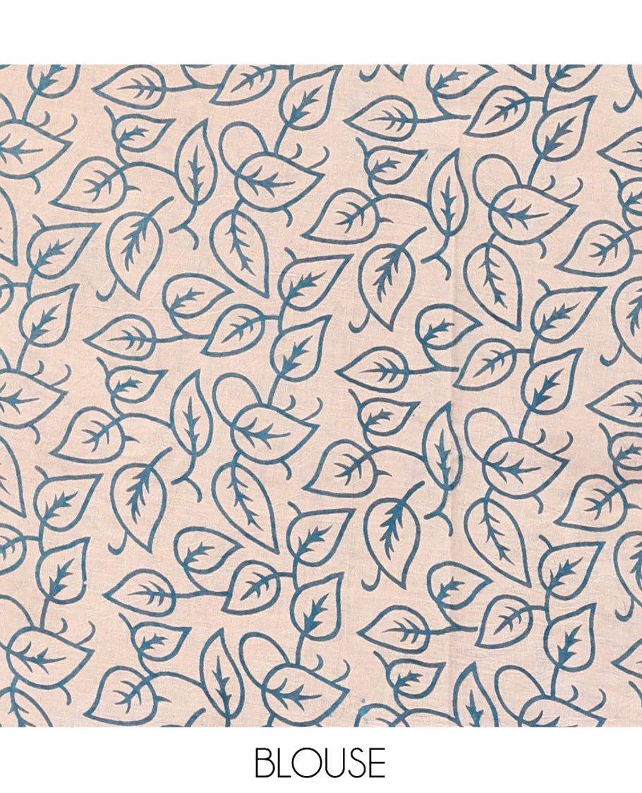 Blue Kalamkari Cotton Saree, Accentuated with Ancient Human Motif Print, Complemented By Printed Border, Kalamkari Peacock Motifs Pallu, and a Contrast Blouse
