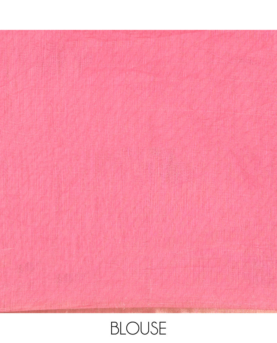Cream-Pink Linen Cotton Saree Features Fish Butta and Mirror Work, a Piping Border, a Self-Pallu, a Contrast Blouse