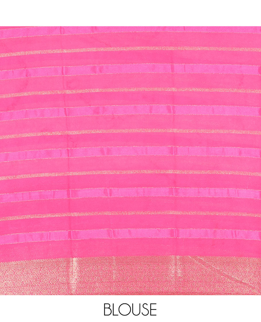 White and Rani Georgette Saree, Subtly Sparkled with Horizontal Zari Stripes All Over Its Body, Complemented by a Contrast Traditional Zari Design Border, Gleaming Zari Striped Pallu, and Paired with a Contrast Blouse