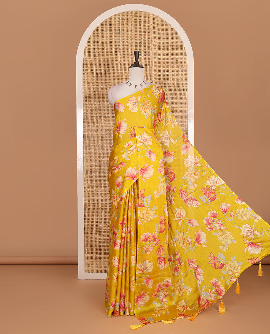 Borderless yellow lily style floral motifs digital printed nara chiffon saree, contrast plain blouse