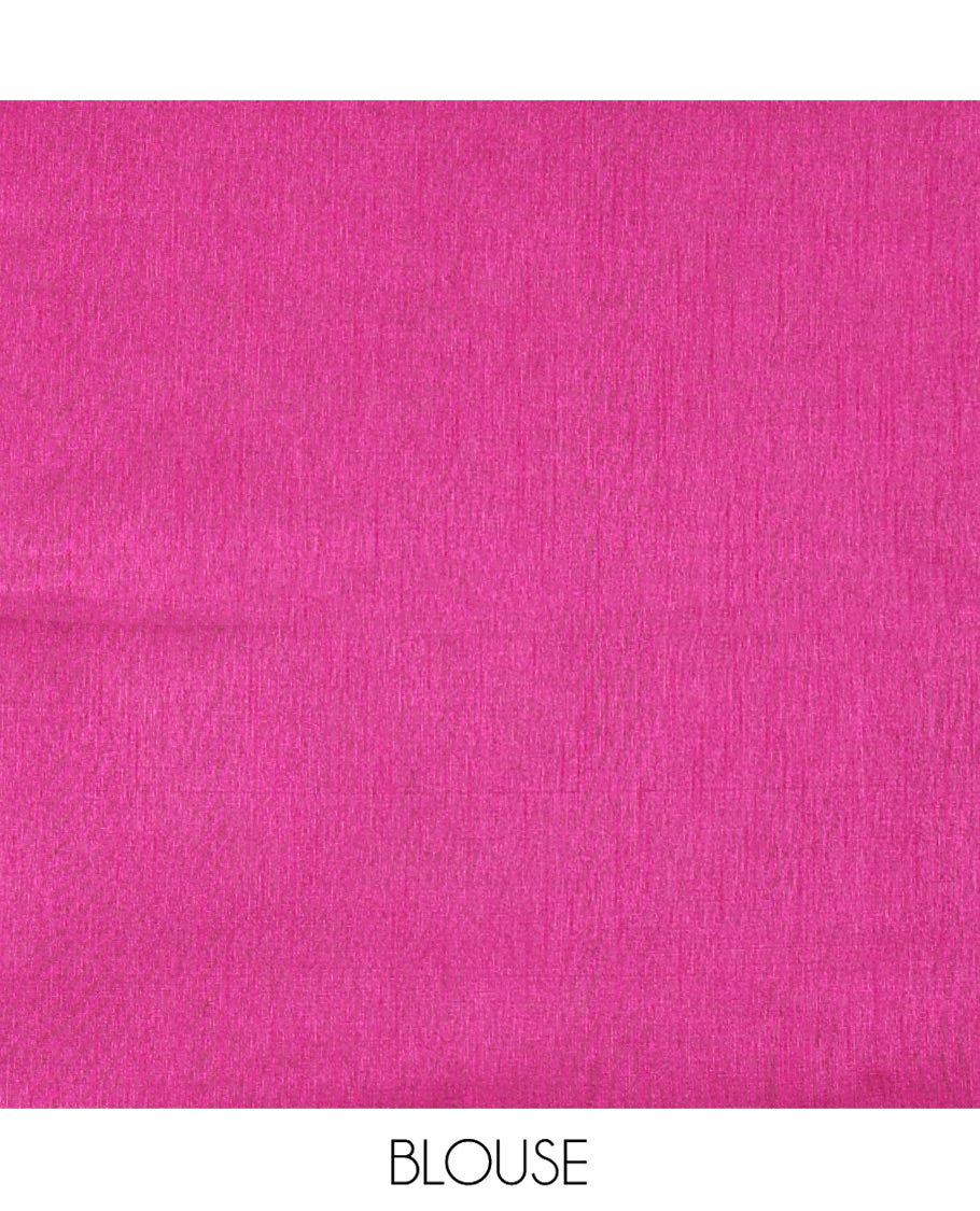 Borderless Onion Pink Semi-Raw Silk Saree, Embellished with Muthu Stripes on Its Body, Complemented by a Contrast Zari Striped Pallu, and Paired with a Contrast Blouse