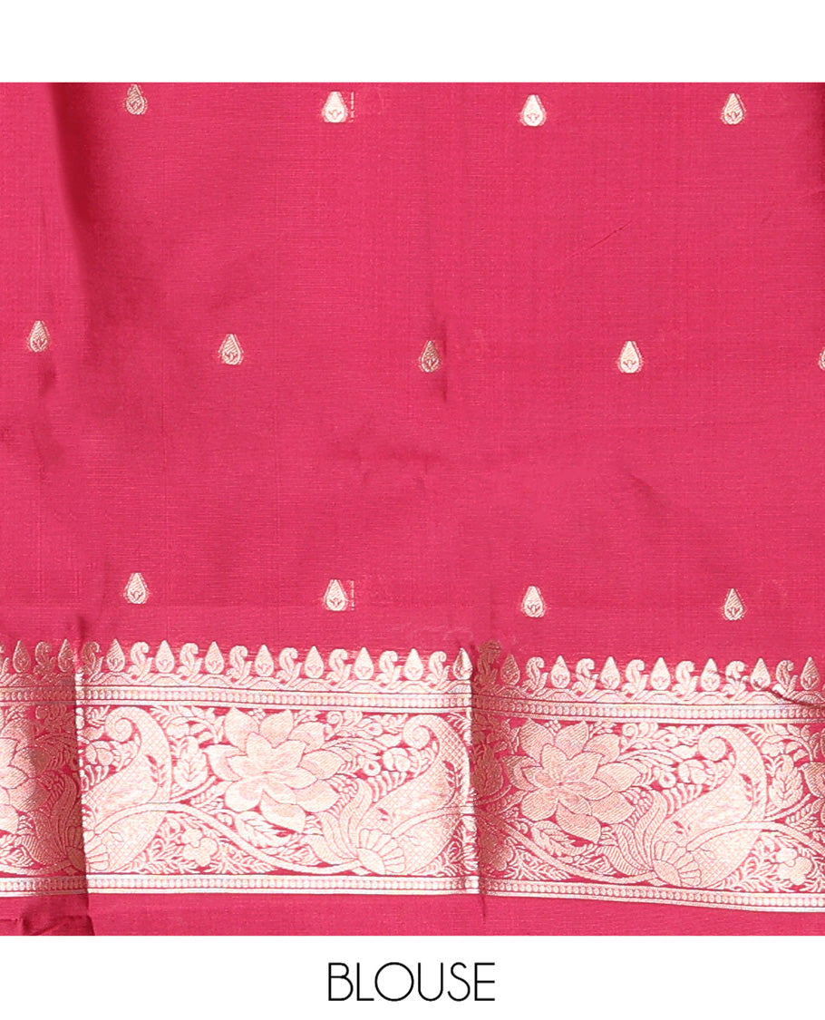 Borderless Rani Pink Kanchi Silk Saree, Meticulously Crafted with Zari Buttas, Intricate Pallu, and a Matching Blouse