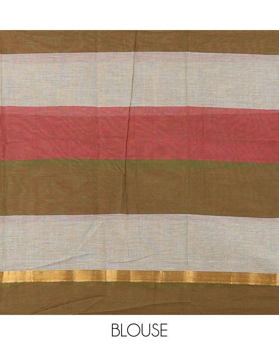 multi-color floral, polka dot design chirla cottton saree with contrast striped border & floral, striped design pallu