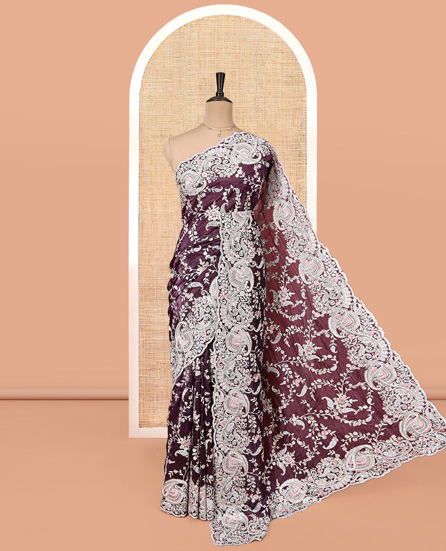 Purple Designer Saree, Styled with Paisley Vine Embroidered All Over Its Body, a Scallop Embroidered Border, and Matching Blouse