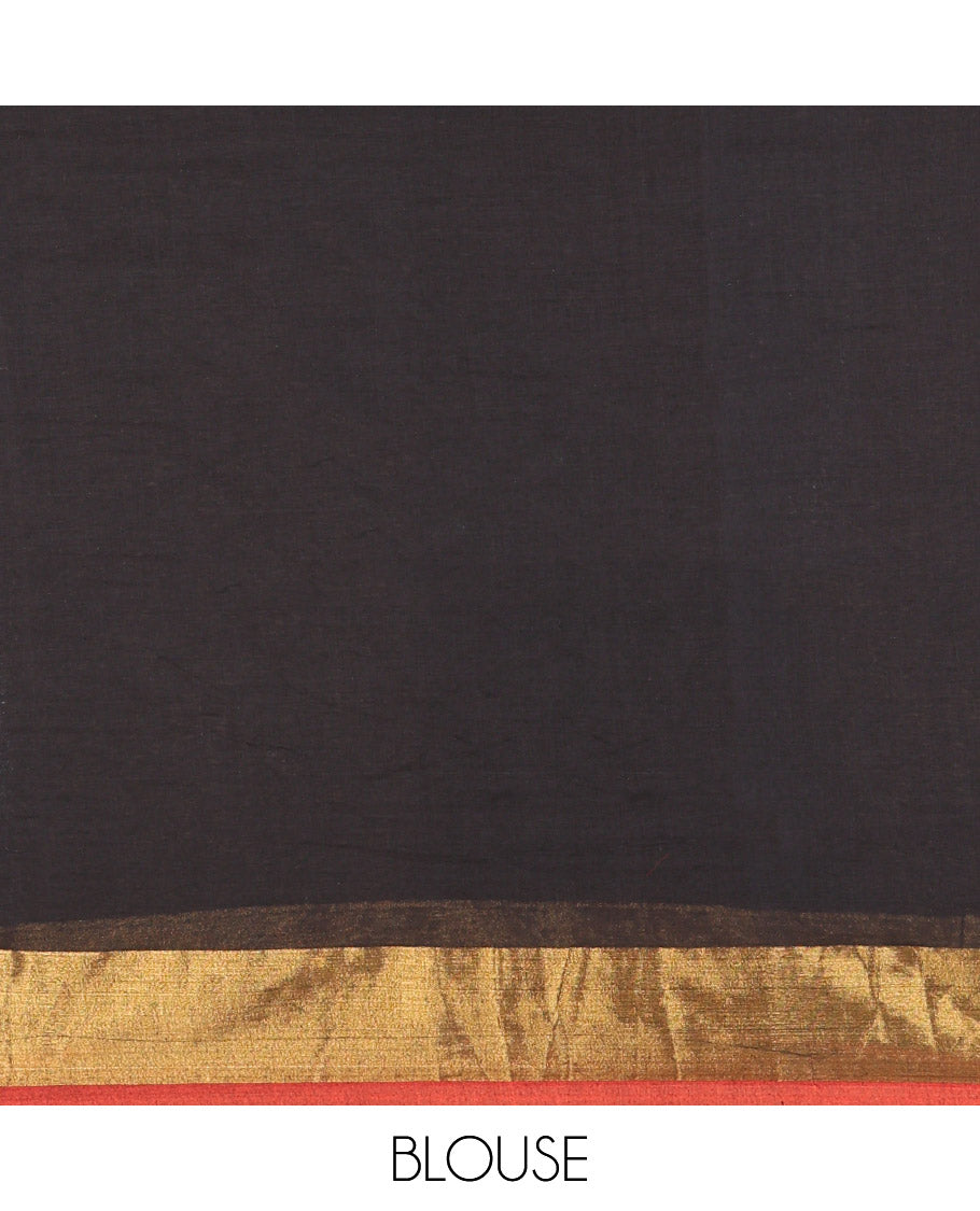 Black Plain Khadi Mul Cotton Saree, Complemented by a Contrast Zari Border, a Self-Pallu, and Paired with a Matching Blouse