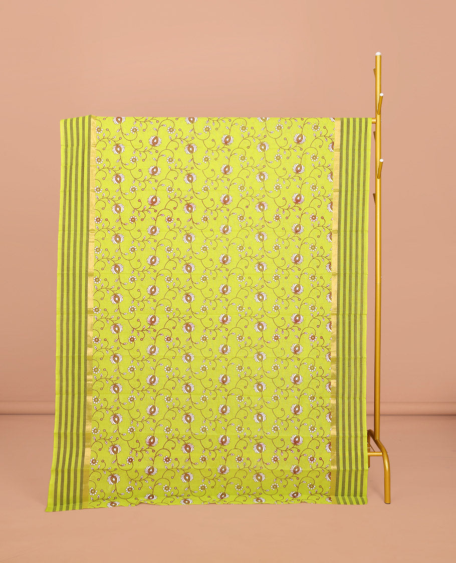 Green Chirala Cotton Saree, Accentuated with Floral Vine Print, Striped Border, Printed Pallu, and a Matching Blouse