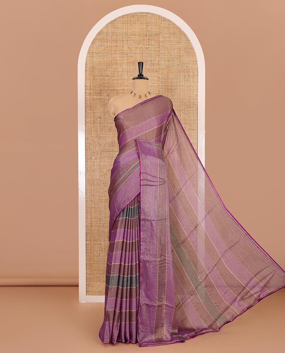 Purple horizontal striped fendy chiffon saree, piping border, striped palu, and blouse of sequins and zari buttas