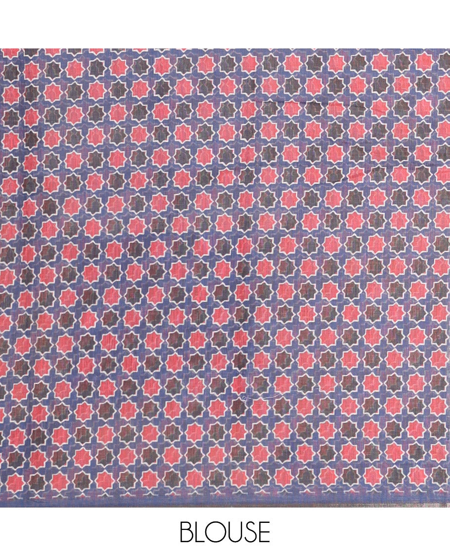 Blue Linen Cotton Saree, Adorned with Polka Dot Enclosed Checked Design on Its Body, Complemented by Contrast Ajrakh Printed Border, Intricately Ajrakh Printed Pallu, and Paired with a Matching Blouse