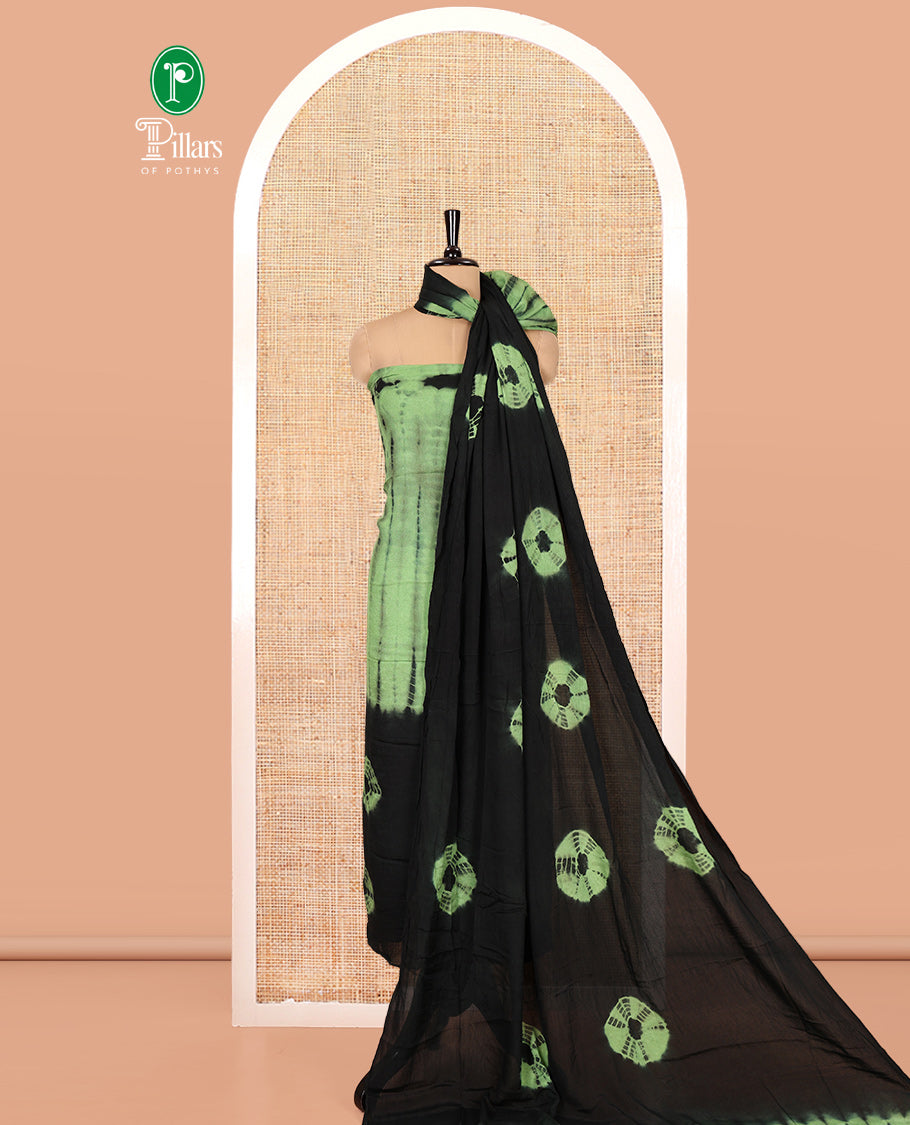 Black and Green Material Chudidar Set , Elevated with Shibori Printed Viscose Georgette Top, a Contrast Plain Bottom, Paired with Shibori Printed Dupatta