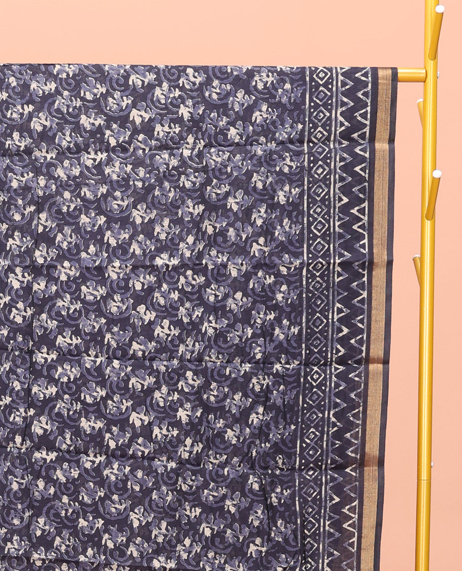 Blue Kanchi Cotton Saree, Decked Up with Floral Print All Over Its Body, a Subtle Self-Border, Pallu of Block Printed Geometric Designs, and Paired with a Contrast Blouse