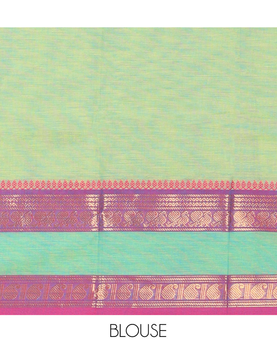 Sea Green Plain Chettinad Cotton Saree, Complemented by a Contrast Rettai Pettu Traditional Border, Striped Pallu, and Matching Blouse