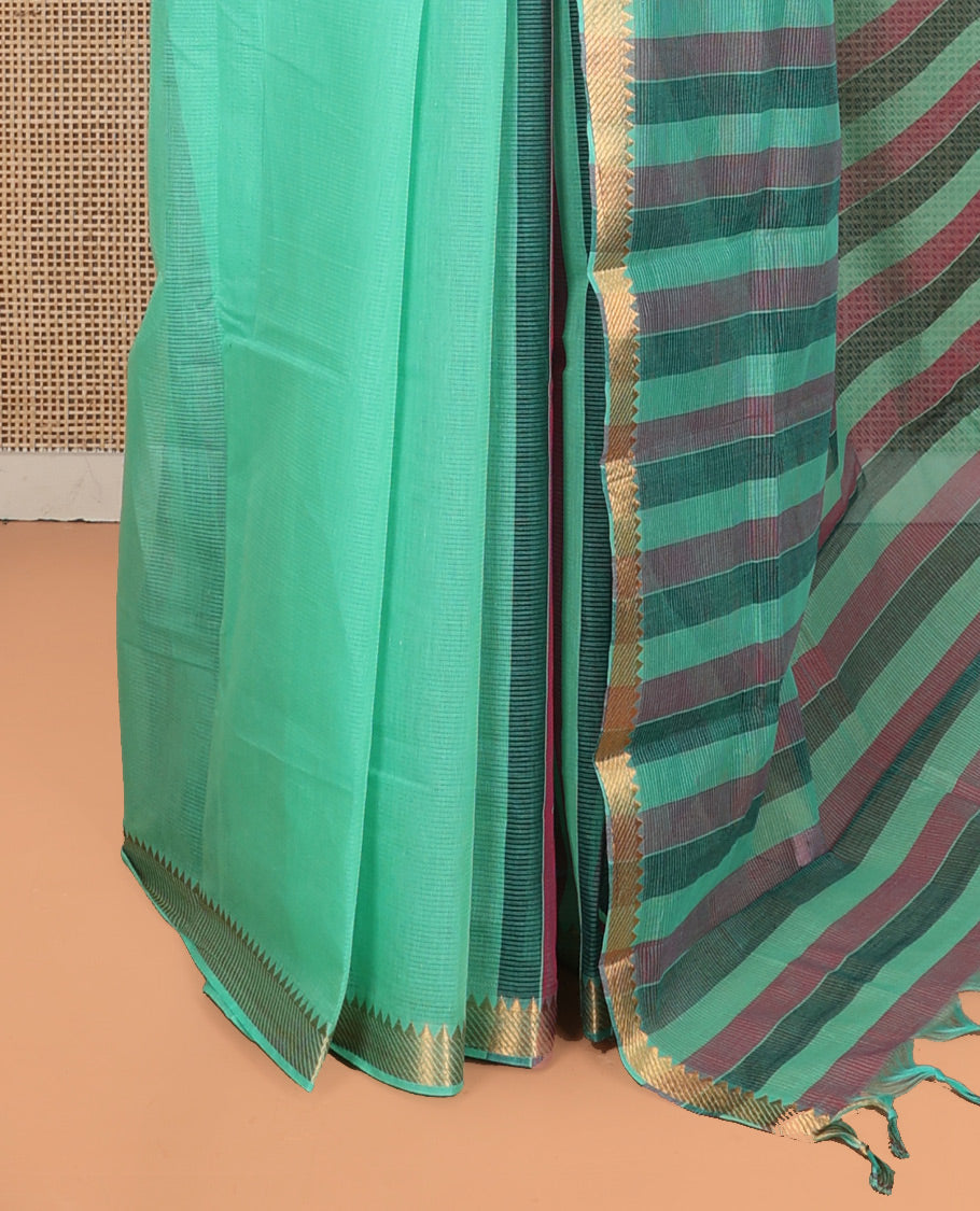 Green Plain Andhra Cotton Saree Featuring Temple Zari Border, Contrast Striped Pallu, and a Contrast Blouse
