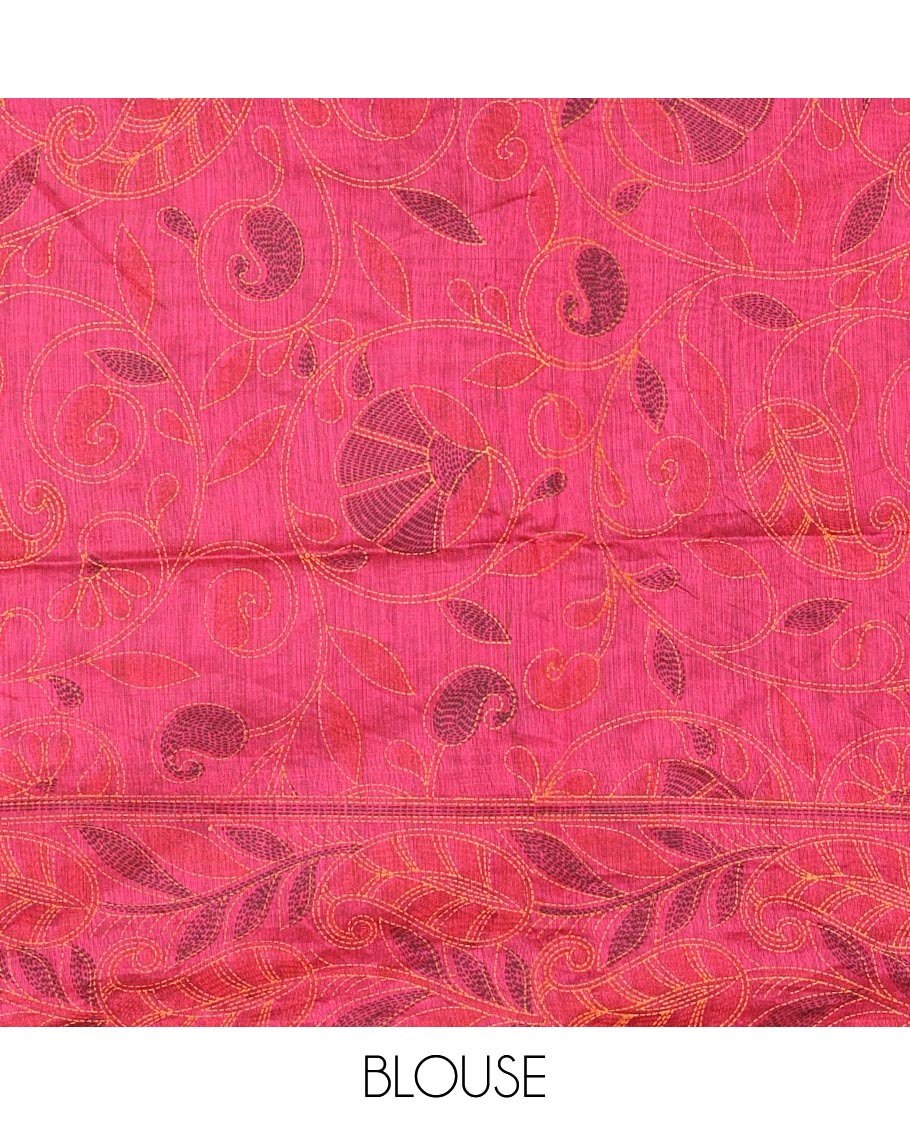Peacock Green Khadi Cotton Saree Embellished with Kalamkari-Style Paisley-Floral Prints, Subtly Sparkled with Self-Border of Floral Creeper Designs, Complemented by Contrast Paisley-Floral Vine Pallu, and Paired with a Contrast Printed Blouse
