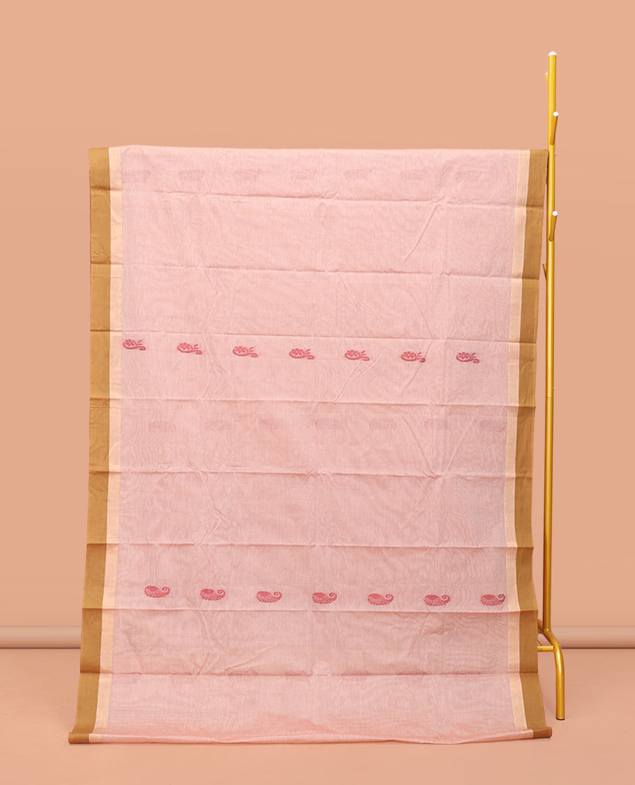 Sandal Kanchi Cotton Saree, Woven with Buttas on Its Body, Complemented by Contrast Border, Pallu of Paisleys, and a Matching Blouse