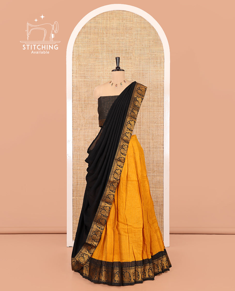 Mustard-Black Sungudi Cotton Half-Saree Set, Elevated with Zari-Checked Skirt, Contrast Peacock Border, Contrast Blouse, and Syska Georgette Dupatta