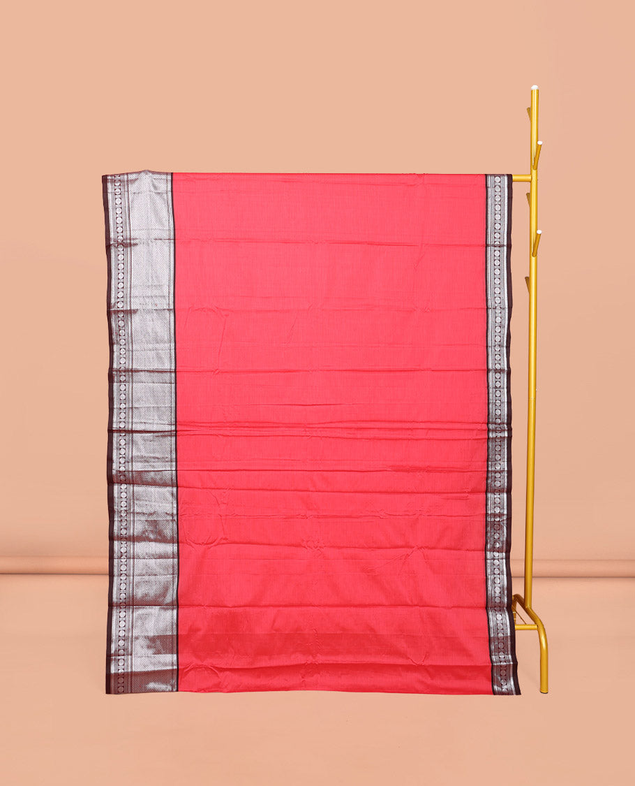 Pink Plain Narayanpet Cotton Saree, Complemented by a Contrast Traditional Design Border, Striped Pallu, and Comes Without a Blouse