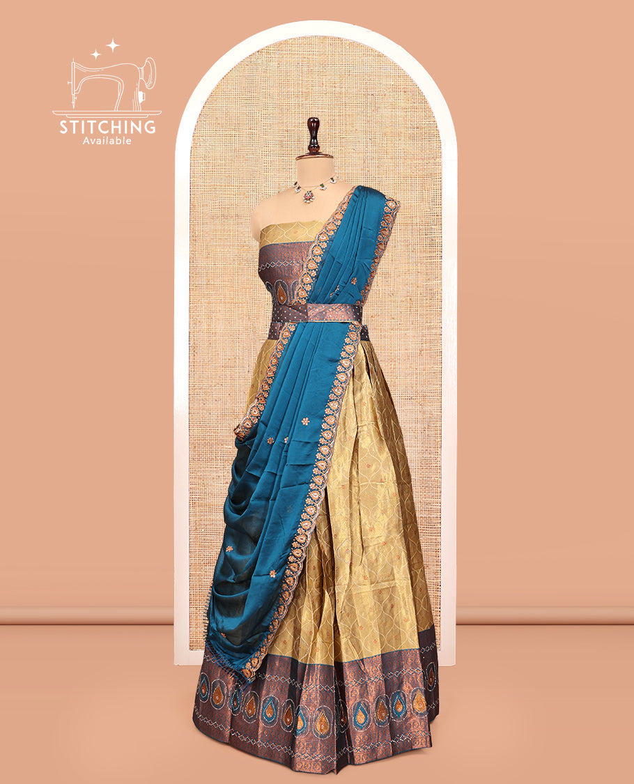 Gold-Blue Banarasi Half-Saree, Bedecked with Butta Enclosed Ogee Design, a Contrast Traditional Zari Stone Work Border, a Matching Blouse, and a Contrast Embroidered Dhavani