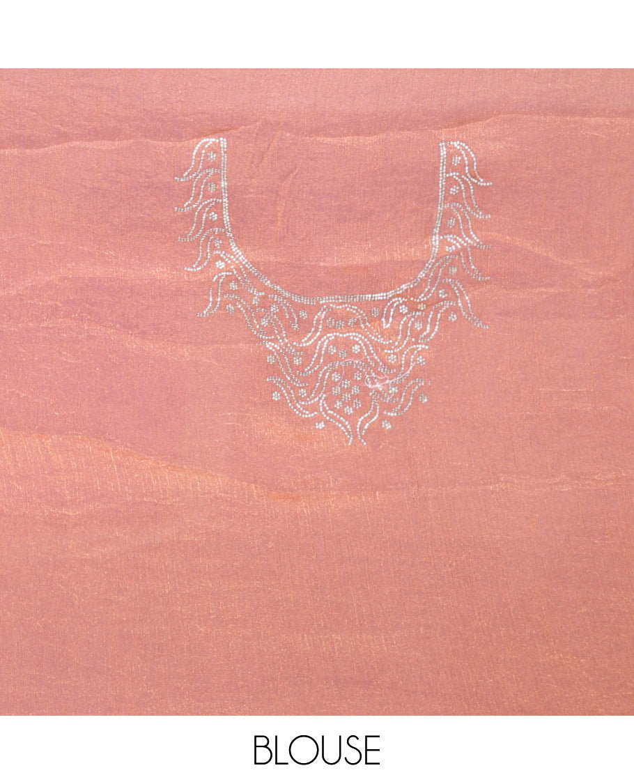 Onion pink plain fendy chiffon saree, scallop micro stone border, intricate stone work pallu, and a matching micro-stone blouse