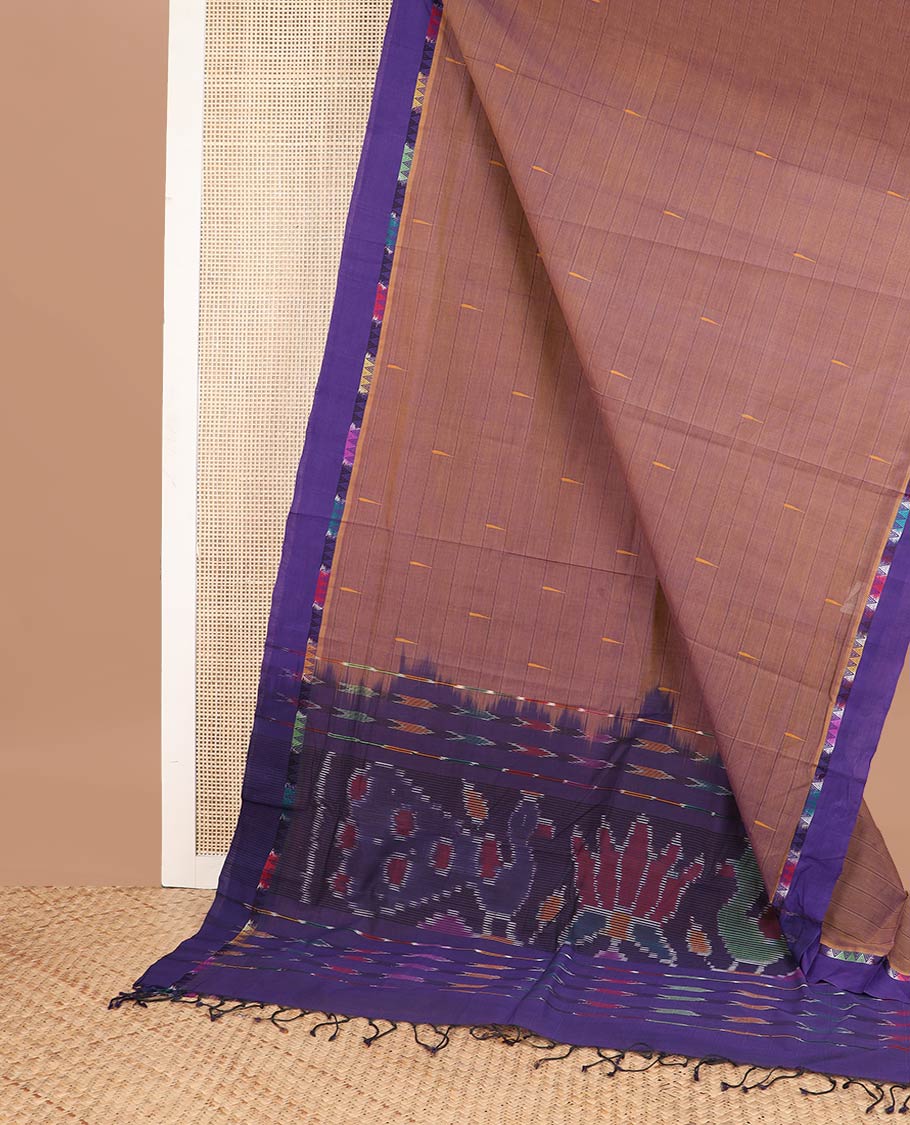 Brown striped, motifs coimbatore cotton saree with contrast temple border & ikkat style floral, peacock design pallu