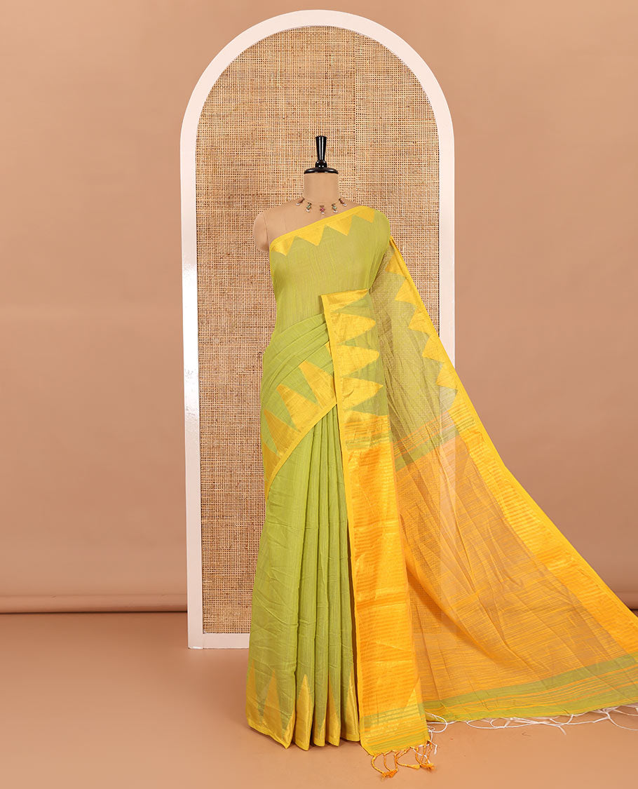 Green plain khadi mul cotton saree, contrast thread temple border, plain pallu, and a contrast plain blouse