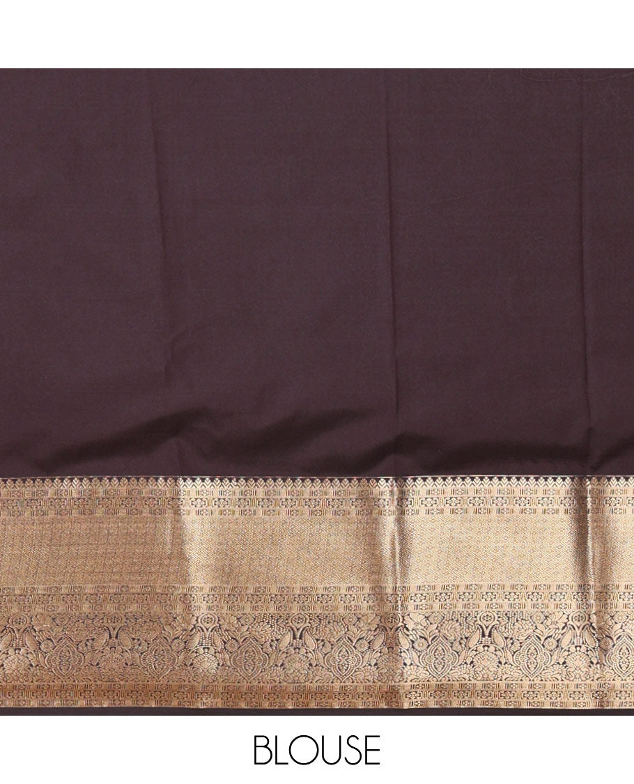 Coffee Brown Kanchipuram Budget Silk Saree Enriched with Zari Butta Enclosed Checks, Highlighted by Traditional Zari Design Border, Opulently Embellished Pallu, and Paired with a Matching Blouse