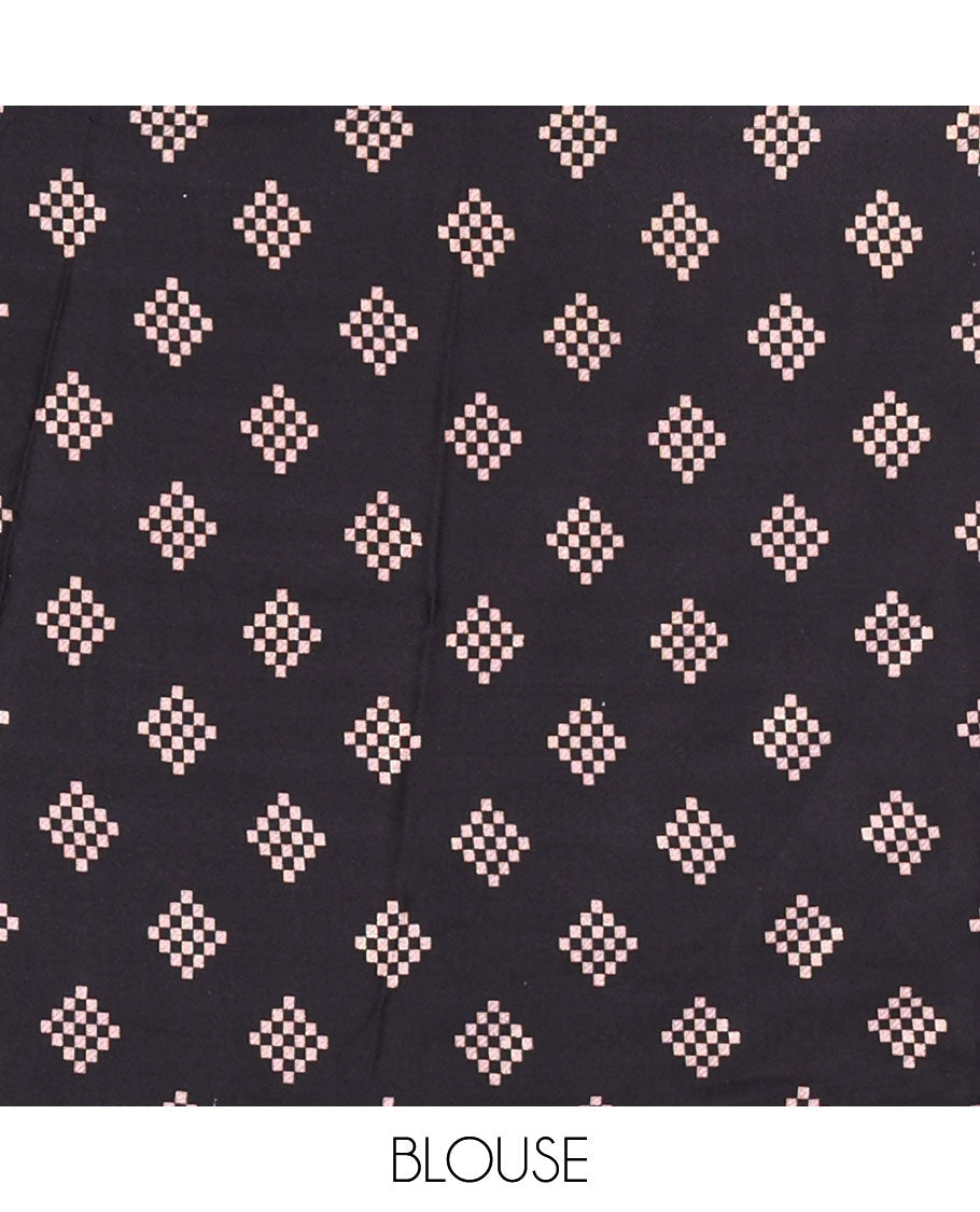 Black and Pink Satin Crepe Saree, Adorned with Floral Vine Print All Over Its Body, Complemented by a Contrast Foil Printed Checked Border, Pallu Steeped with Stripes, and Paired with a Matching Blouse