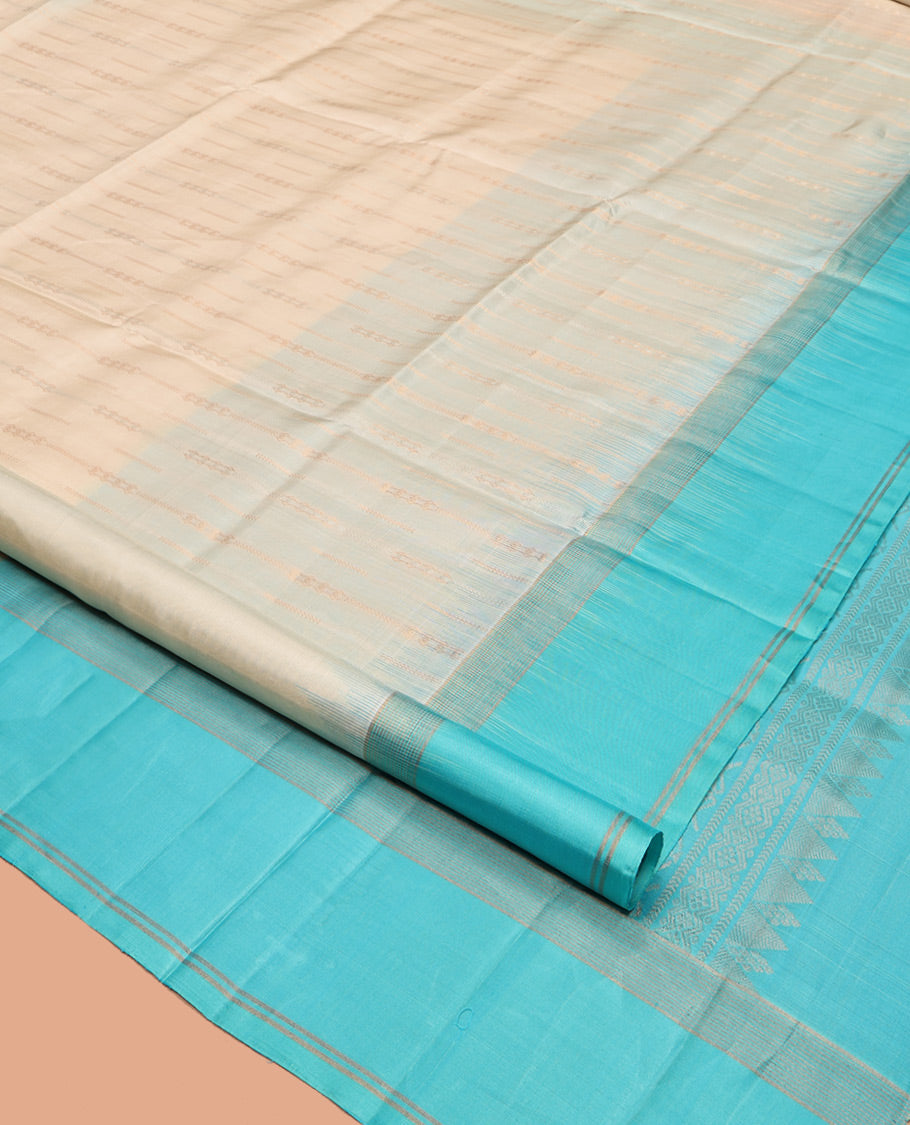 Cream Mayuri Soft Silk Saree, Mesmerized with Zari Stripes, Complemented by a Contrast Zari Striped Border, Zari Design Pallu, and a Contrast Blouse