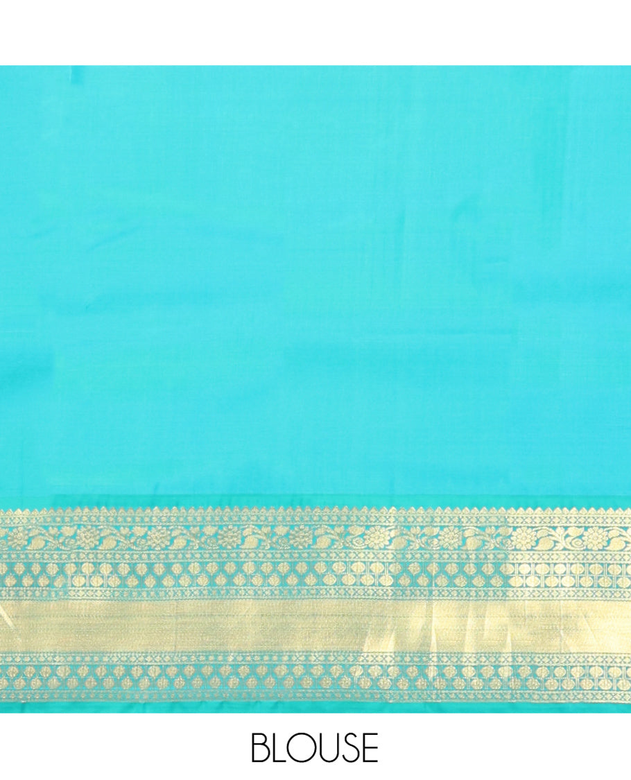 Yellow Vasundhara Silk Saree, Subtly Sparkled with Zari Buttas and Checks All Over Its Body, Complemented by a Contrast Border of Thilakam, Diamond, Kodi Visiry, and Poun Designs, Grand Pallu, and Paired with a Contrast Blouse